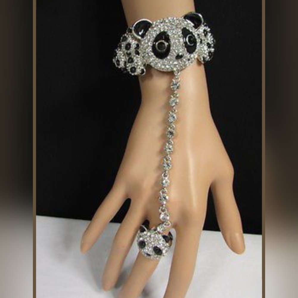 Statement Panda Bear Bracelet With Attached Ring … - image 1